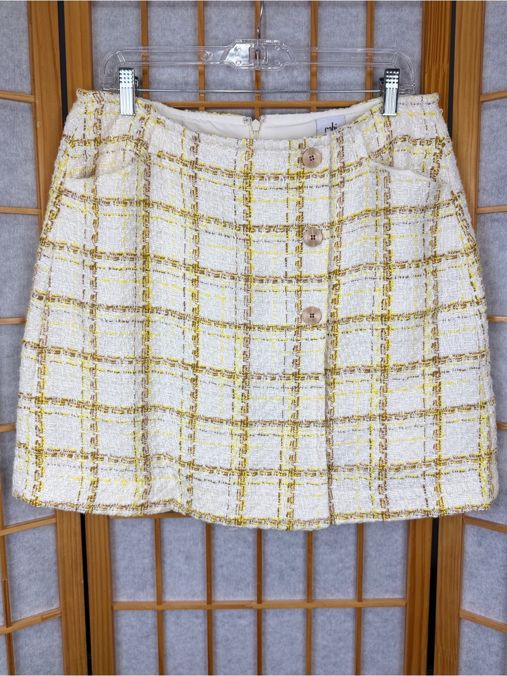 Cabi Yellow Plaid Tweed Button Accent A-Line Skirt Preppy Academic Size 10